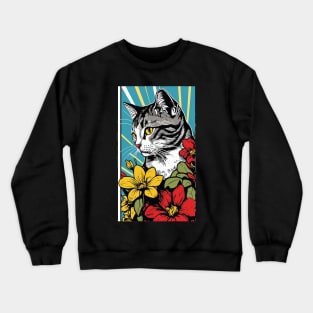 American Shorthair Cat Vibrant Tropical Flower Tall Retro Vintage Digital Pop Art Portrait 4 Crewneck Sweatshirt